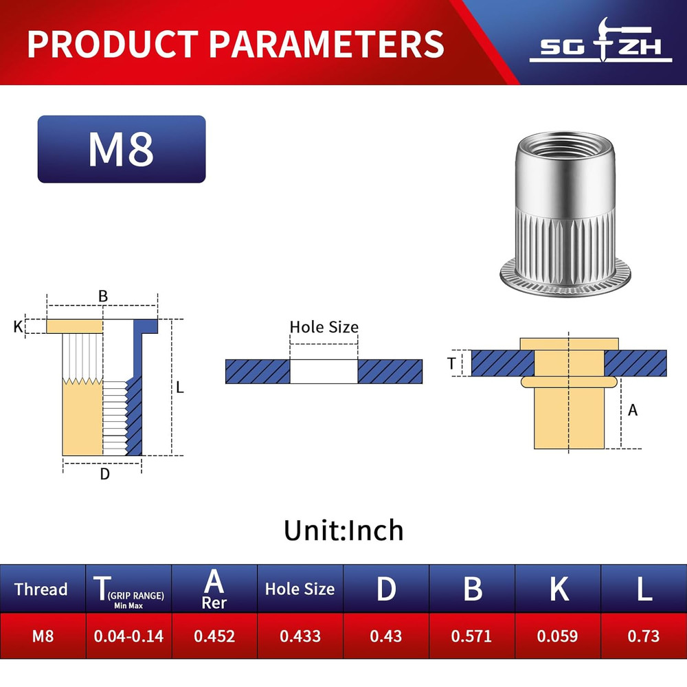 75Pcs Rivet Nut M8 Stainless Steel 304 Flat Head Rivnut Threaded Insert Nutsert