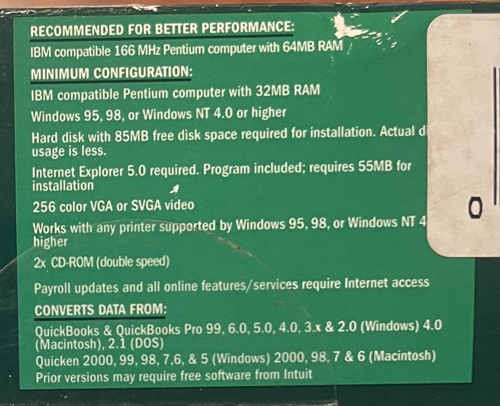 QuickBooks 2000 Software for Windows 95/98/NT w/ Manuals
