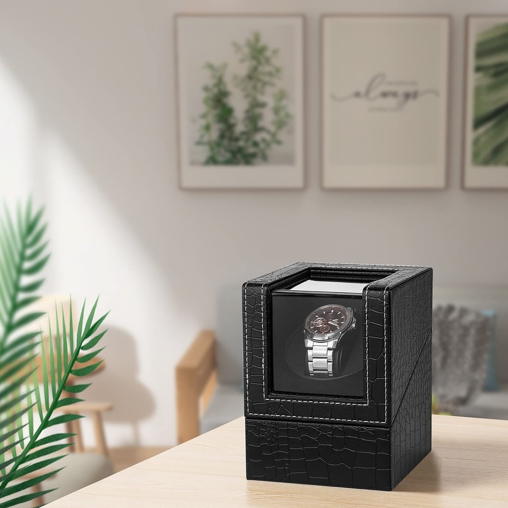 Efaithtek Automatic Single Watch Winder in Black Crocodile Pattern Leather
