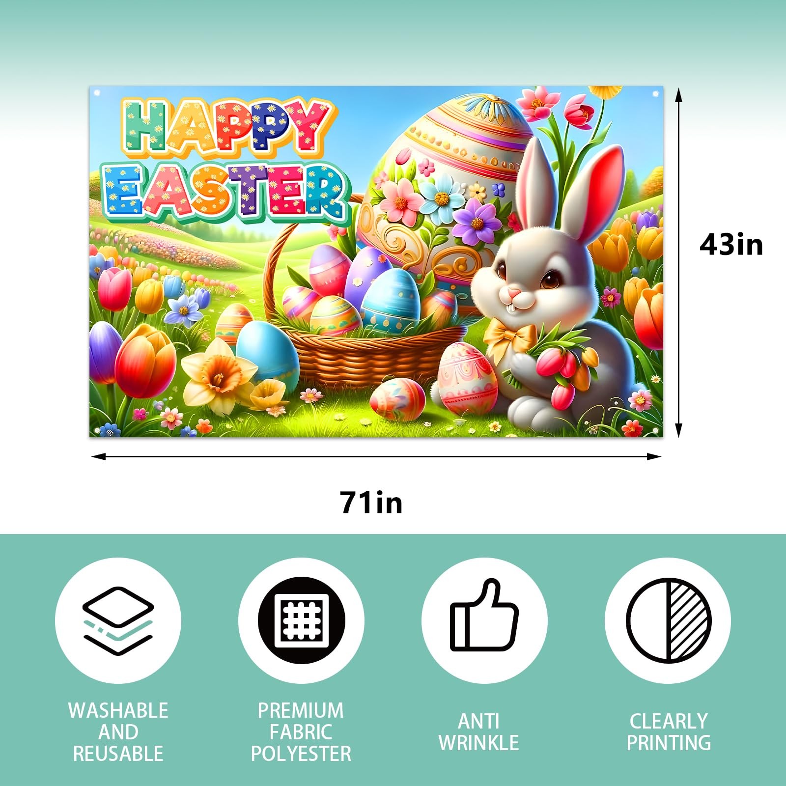 Happy Easter Photo Backdrop Bunny Rabbit 71 inches x 43 inches, Multicolor