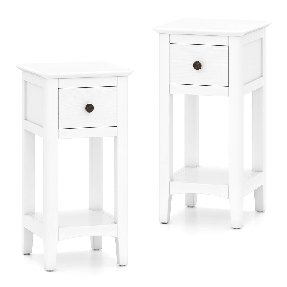 2PCS Nightstand 3-Tier Bedside Table w/ Open Storage Shelf & Narrow Side Table