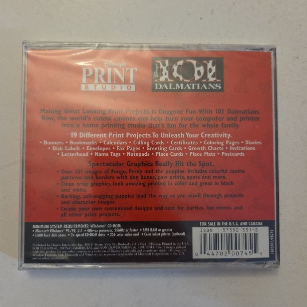 Software PC Disney 101 Dalmatians Print Studio NEW SEALED Windows 95/98