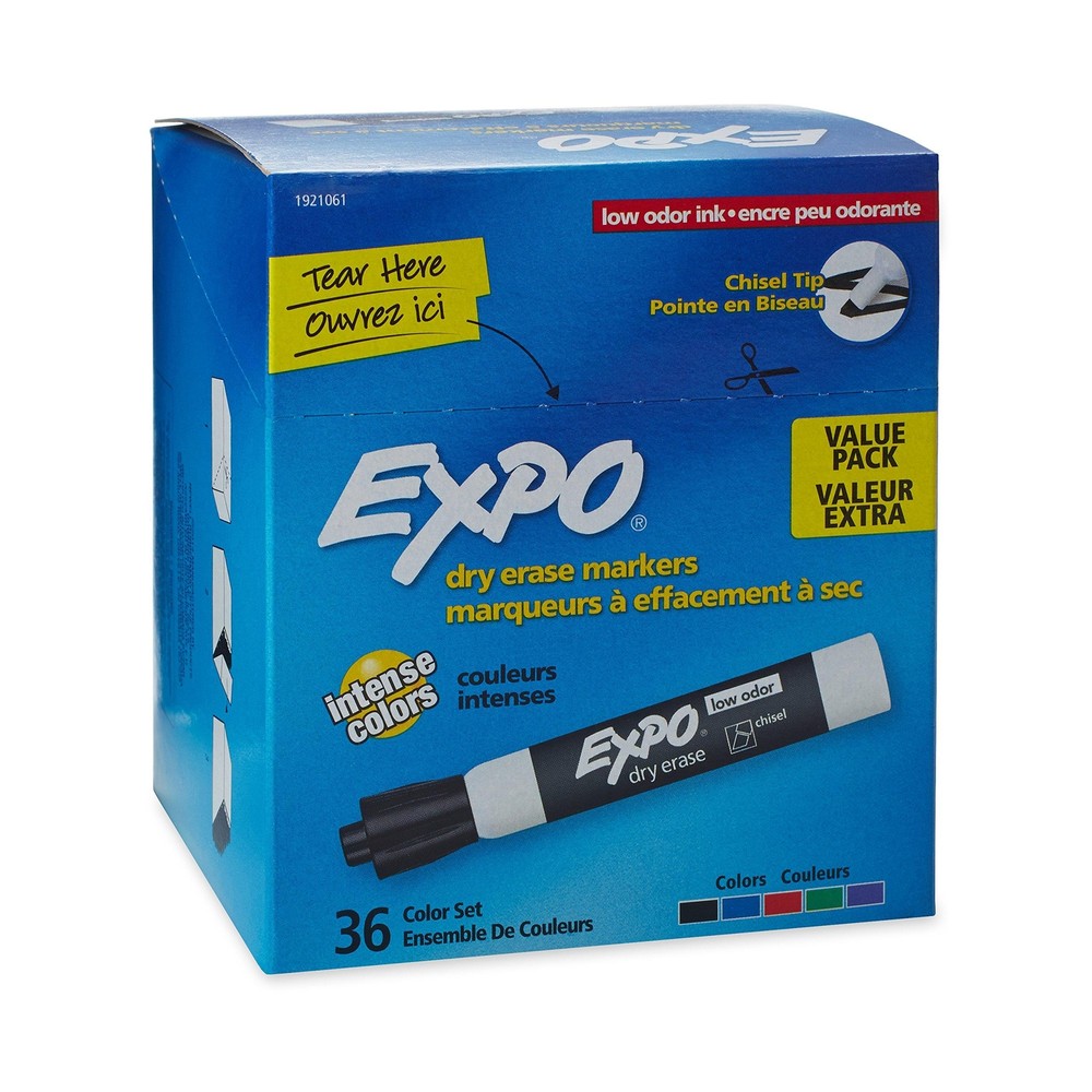 EXPO Low Odor Dry Erase Markers, Chisel Tip, Assorted, 36 Count