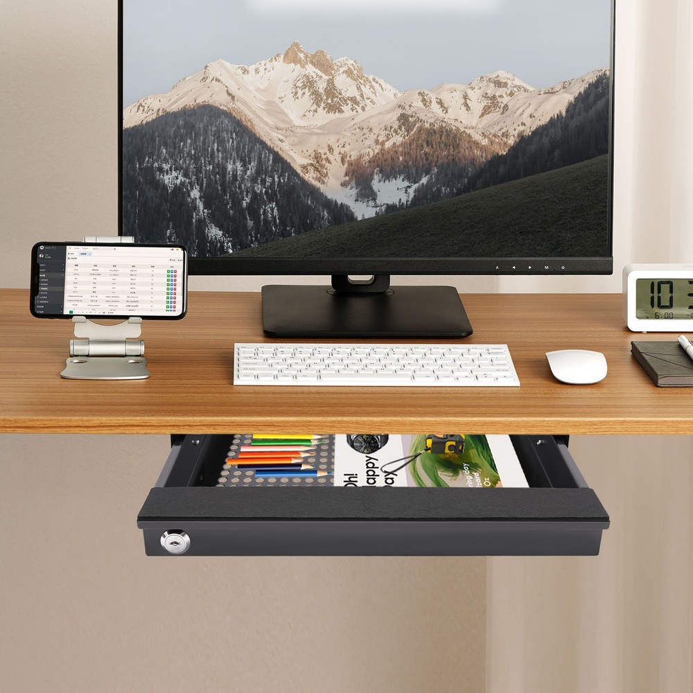 Locking Under Table Drawer Sliding Under Desk Hidden Storage Organizer Black