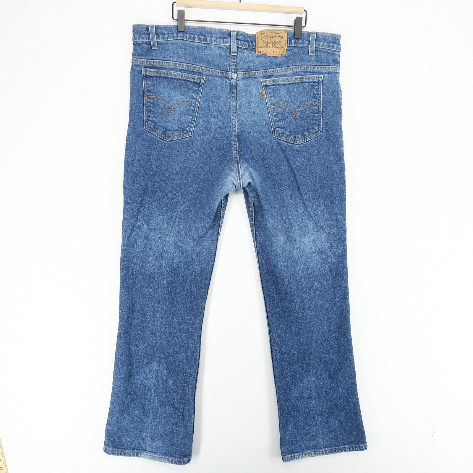 Vintage Levis 517 Jeans Mens 42x32 Blue Bootcut Orange Tab USA Stretch Denim