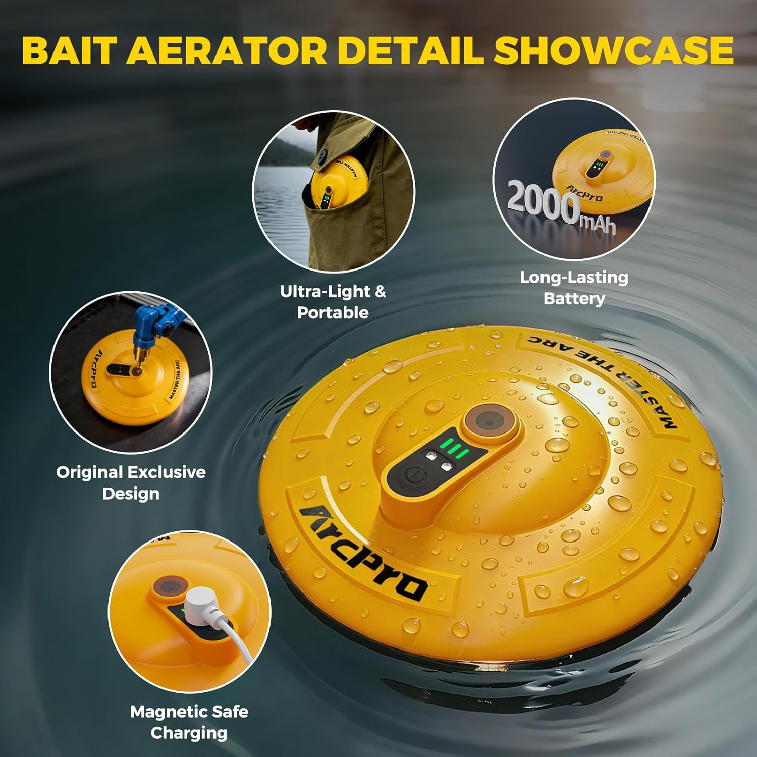 Floating & Rechargeable Bait Bucket Aerator, IPX7 Waterproof with Magnetic Charg
