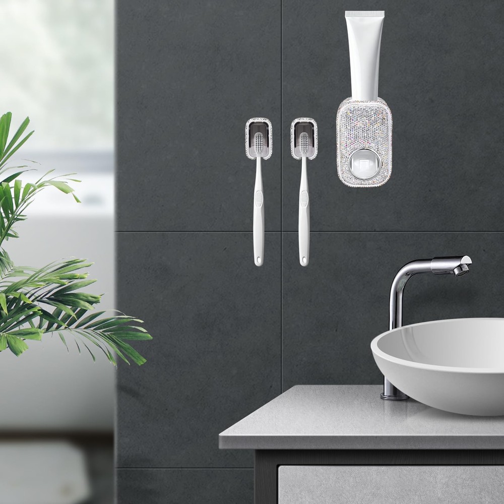 Bling Automatic Toothbrush Holder Wall Mount Toothpaste Squeezer Set for Bath...