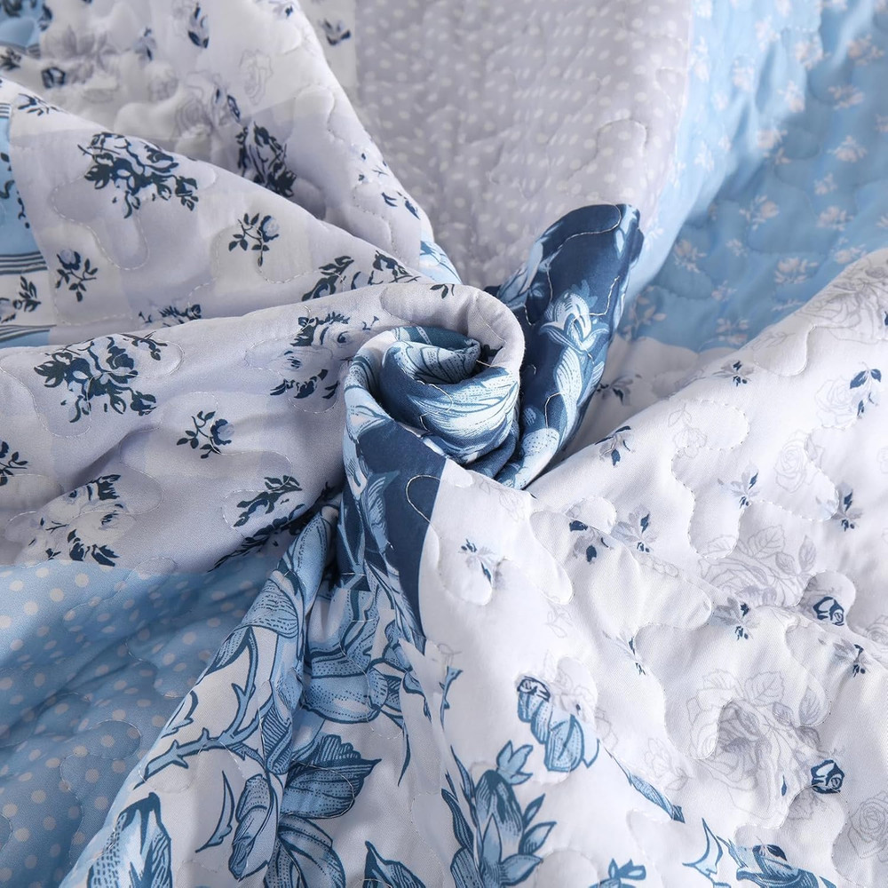 Blue Patchwork Quilt Set King Size Boho Floral Plaid Bedspread Coverlet Set, Far