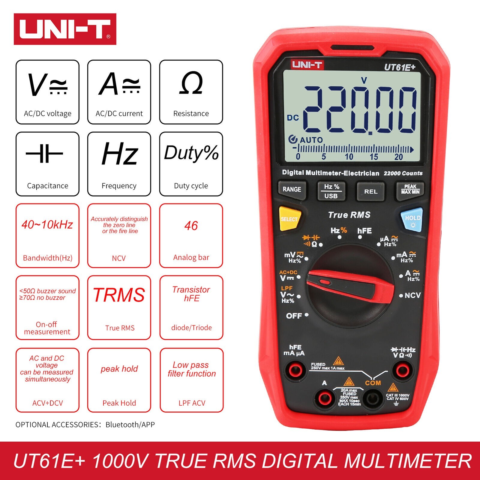 UNI-T TRUE RMS Multimeter Digital AC DC Amp Voltmeter LPF Cap Freq Tester UT61E+