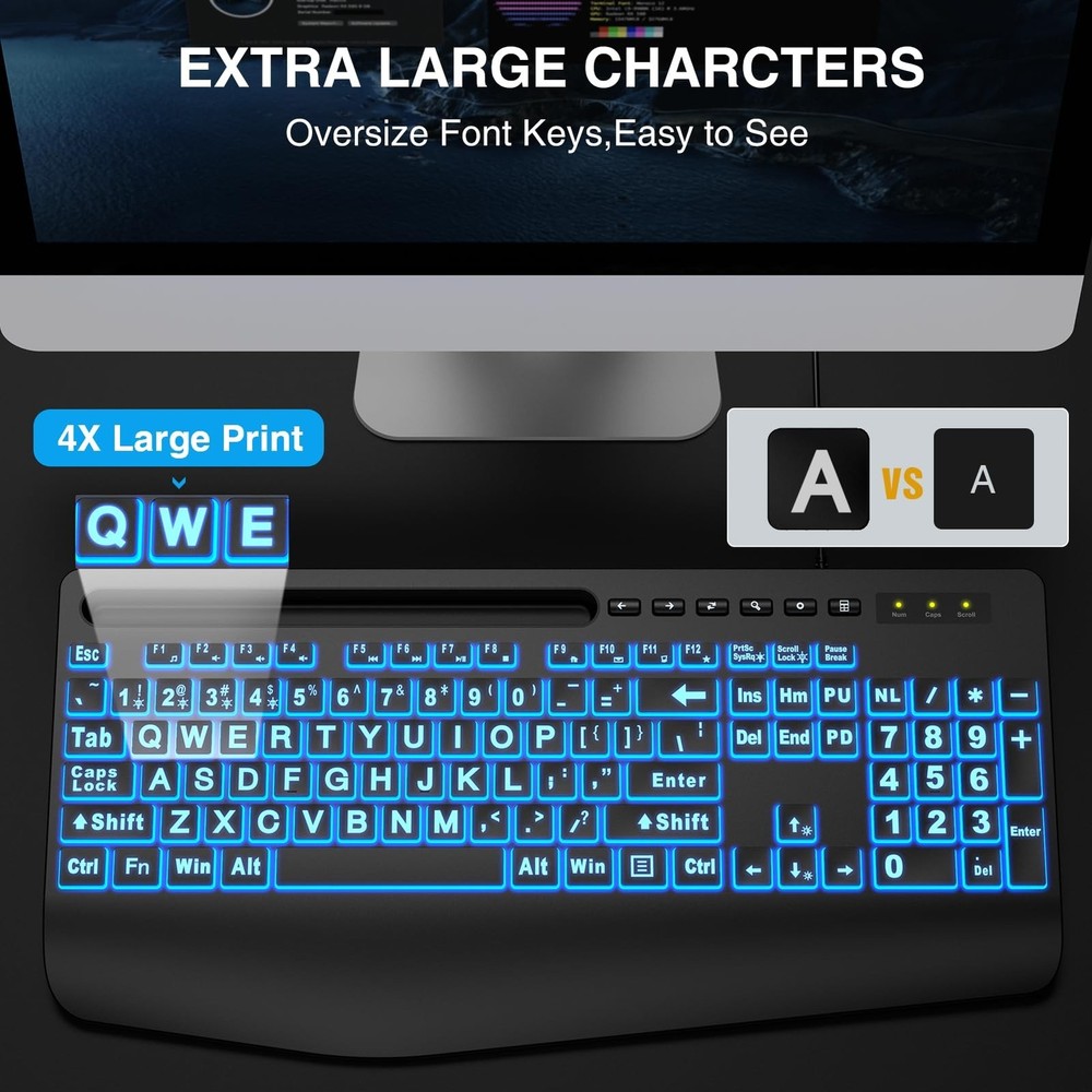 SABLUTE Large Print Backlit Keyboard, Wired USB Computer Keyboards with 7-Col...
