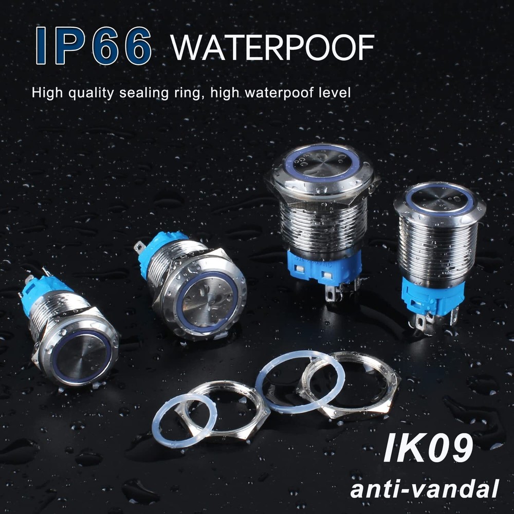 2pcs 19mm Latching Push Button Switch 12V/24V Waterproof Blue LED