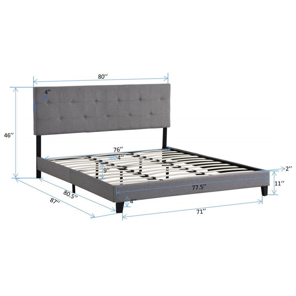 King Size Bed Frame Upholstered Platform Bed Frame w/ Upholstered Headboard New