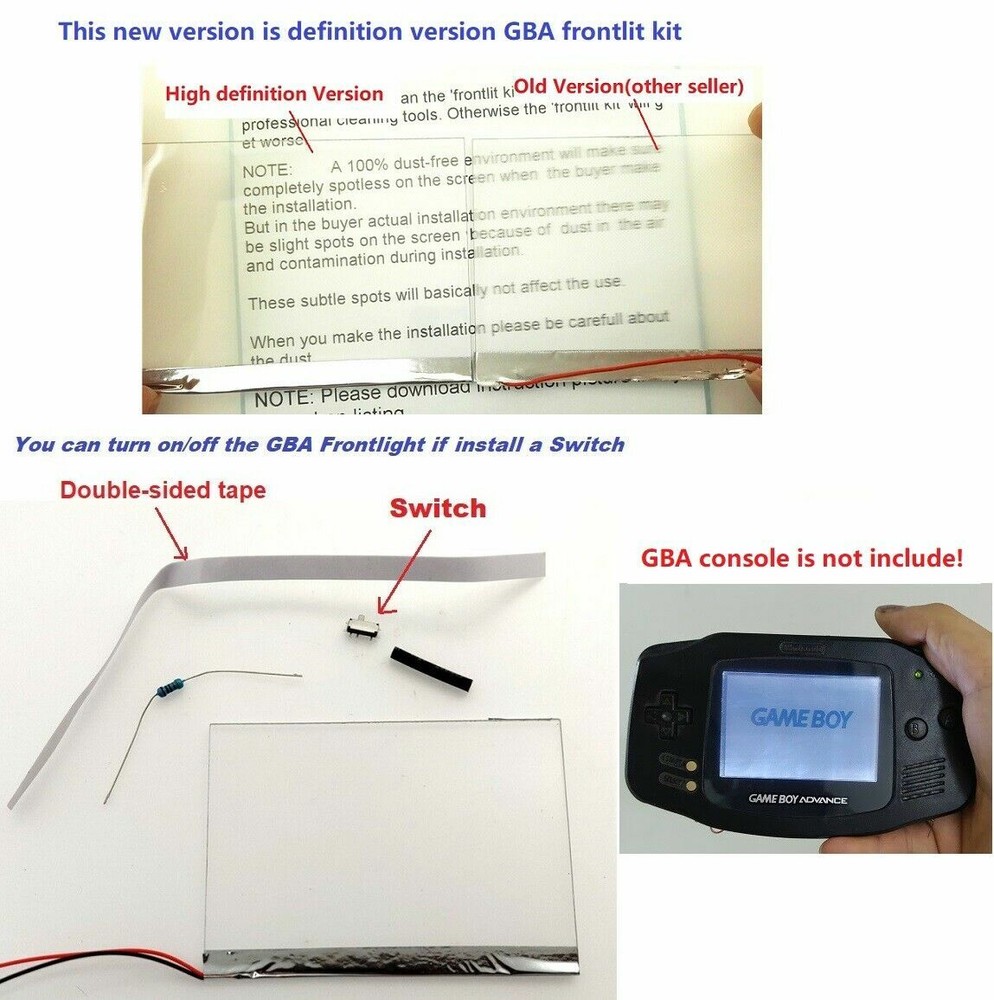 GBA Nintendo Game Boy Advance Frontlit Frontlight Front Light V2 NO LOCA GLUE!