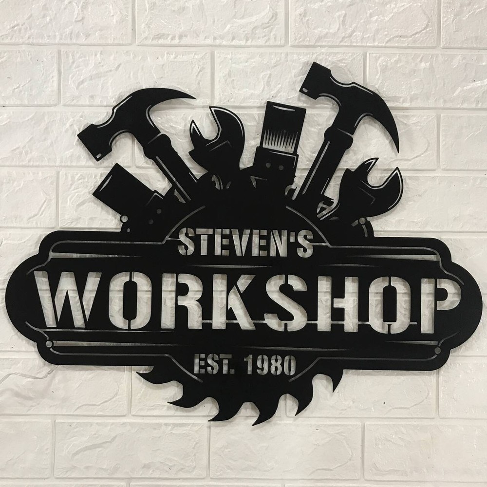 Personalized Garage Metal LED Sign, Custom Workshop Name Decor