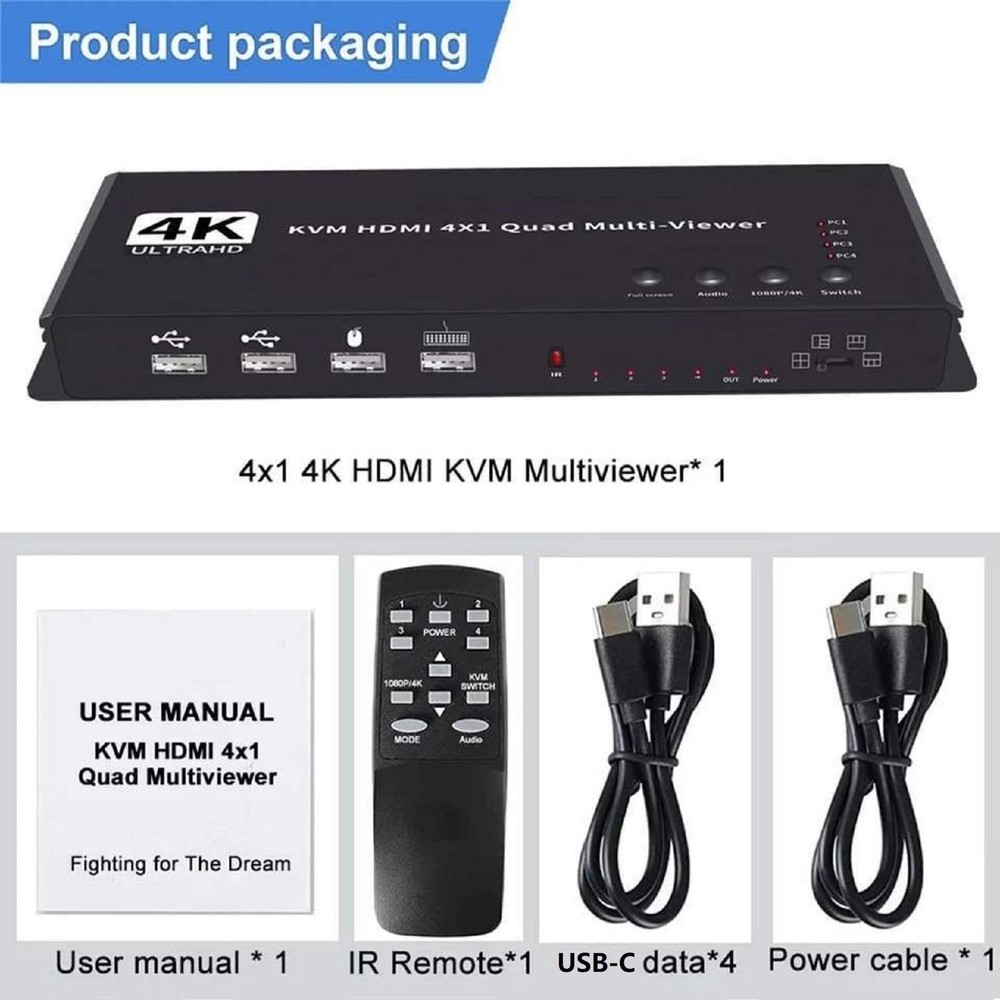 Hotkey 4K 4x1 KVM HDMI Quad Multi-Viewer Display Switch Vedio Wall Controller g