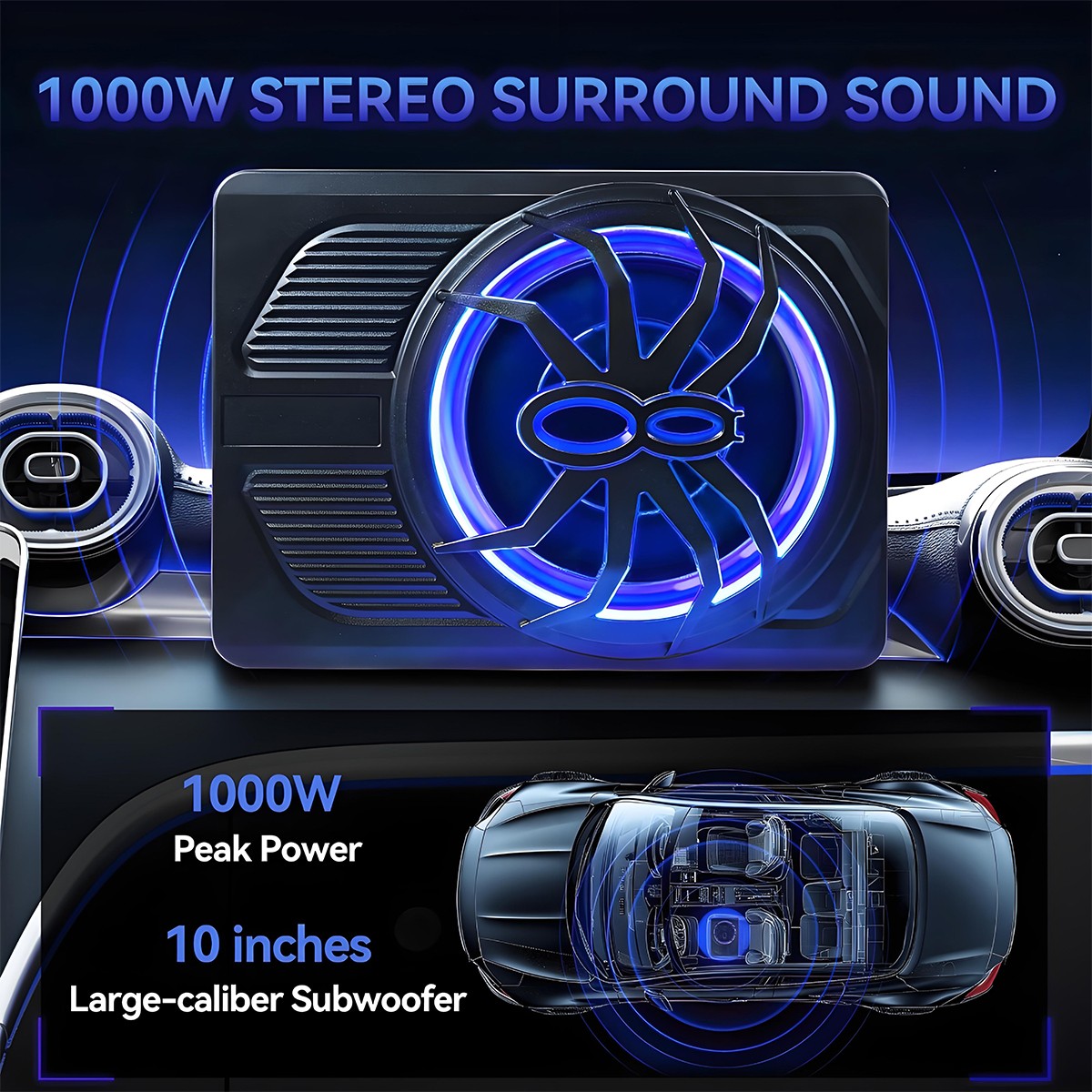 800W Wireless 10'' Slim Under Seat Powered Car Subwoofer w/Built-in Amplifier