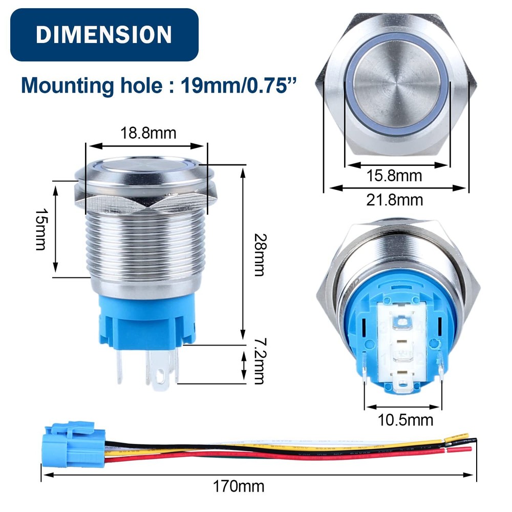2pcs 19mm Latching Push Button Switch 12V/24V Waterproof Blue LED