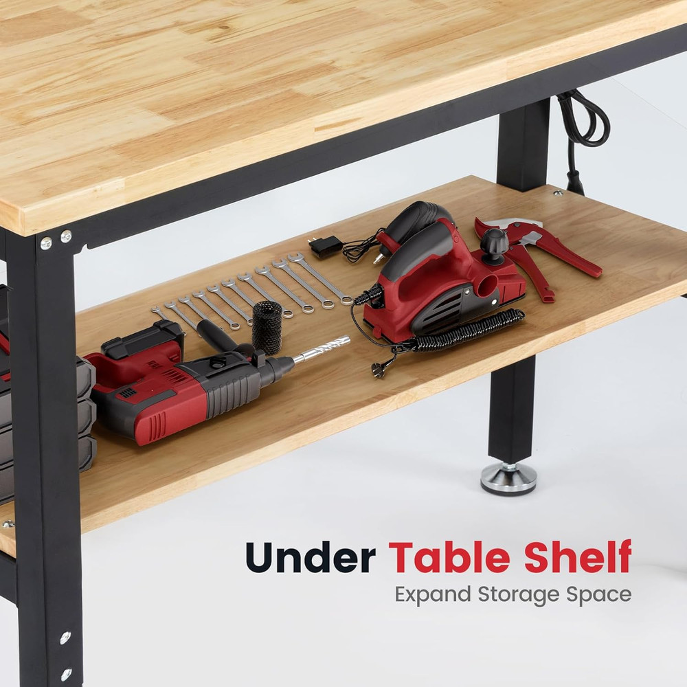 48 Inch Work Table for Garage Adjustable Height Rubber Wood Tabletop Workbench w