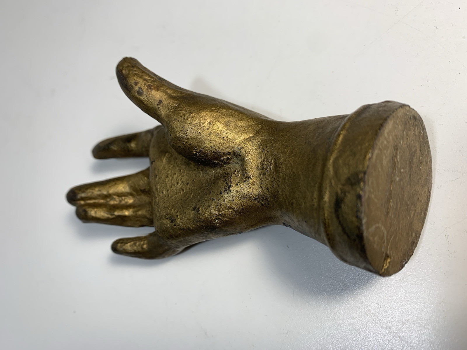 Antique Solid Cast Iron Paperweight Figurative Hand Sculpture Gold Gild Vintage