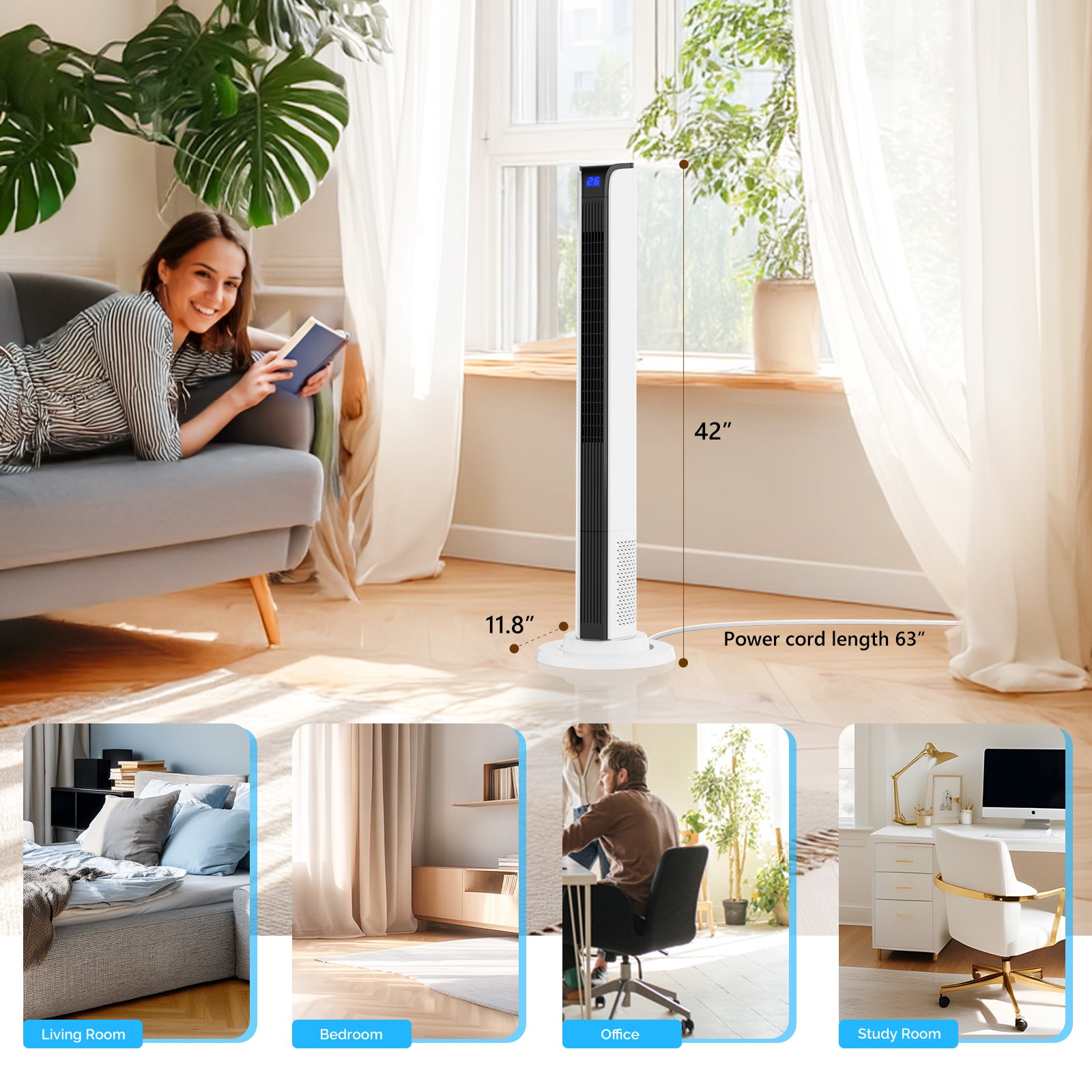 42inch Smart Tower Fan, Bladeless Floor Fan with 3 Modes 3 Speeds, APP/Remote