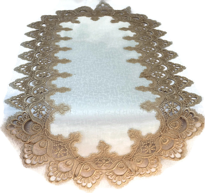 Doily Boutique Table Runner or Doily with Gold Lace and Antique White Fabric