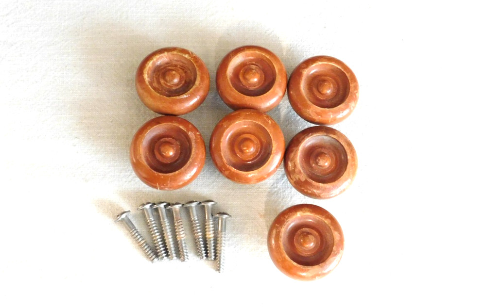 Vintage Wood Round Drawer Knobs Pulls set of 7 with Hardware