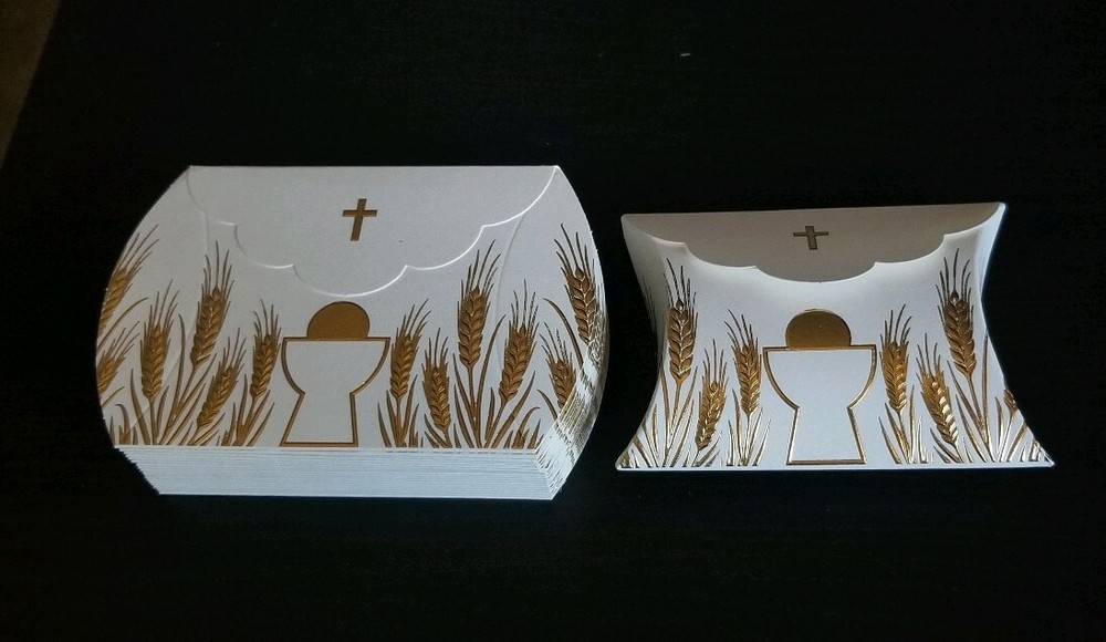 10 First Communion White & Gold Pillow Boxes
