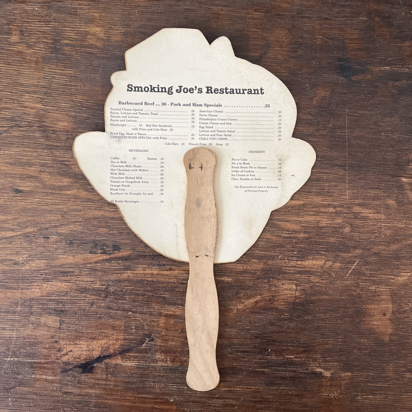 Vintage Smoking Joe’s Restaurant Advertising Menu Hand Fan Mask