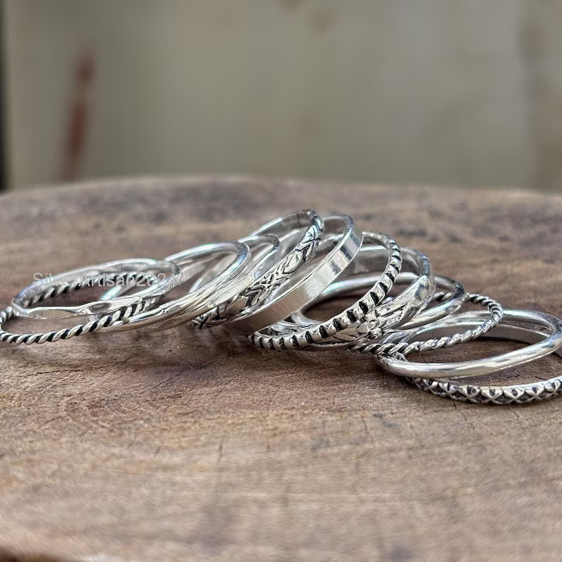 Sterling Silver Stacking Rings Set: Assorted Patterns, Thin & Thick All Size