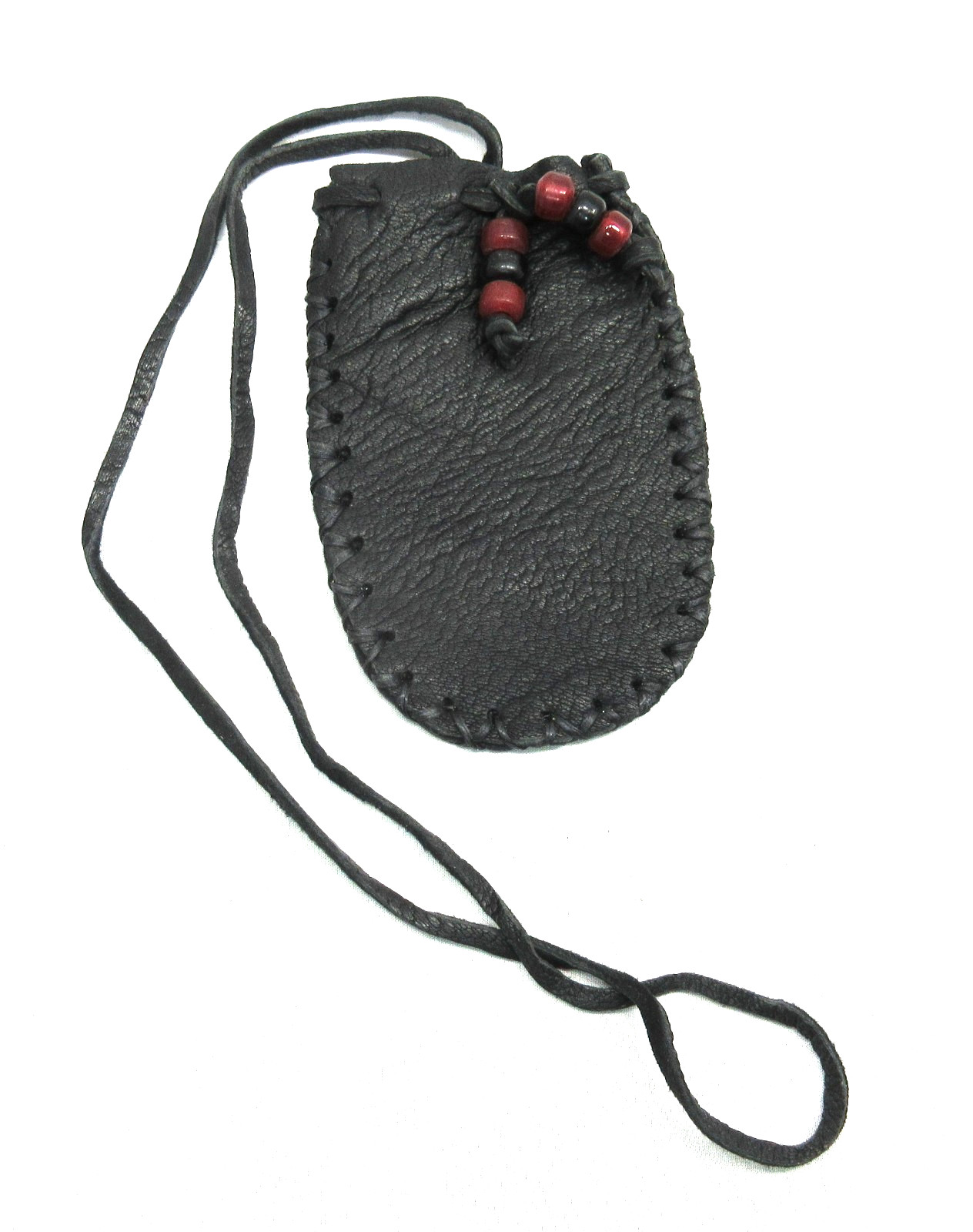 Native American Black Leather Pouch, Red/Black Beads, Cherokee Made,  COA  #723