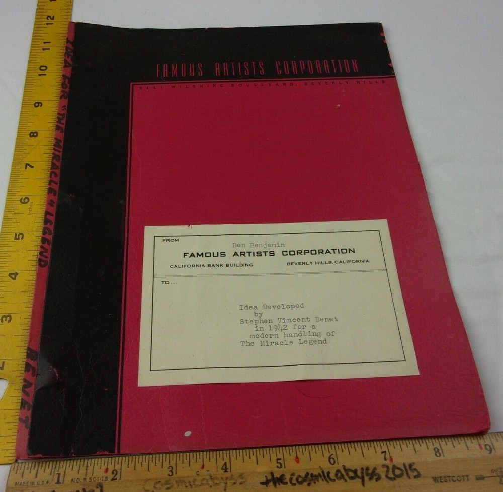 Steven Vincent Benet 1942 script treatment script ORIGINAL! The Miracle Legend
