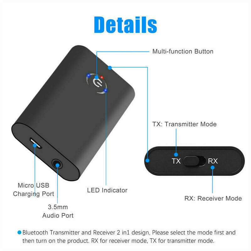 Bluetooth 5.0 Transmitter Receiver 2-in-1 Wireless 3.5mm Adapter For TV/Car