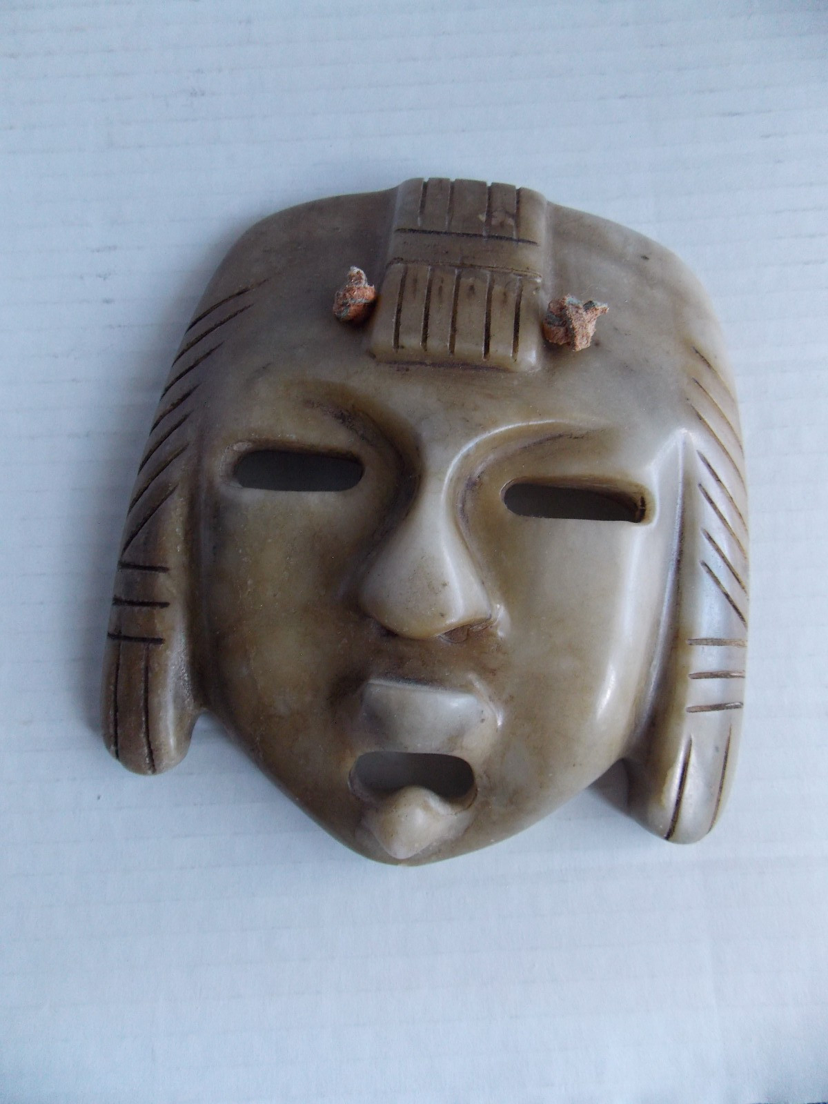 Mayan-Incan or Aztec-Carved Marble Stone Hanging Mask Approx. 5 7/8 "x 5 3/8"