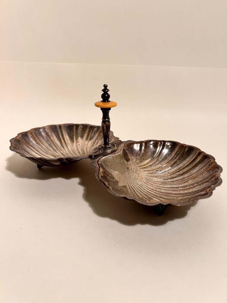 Vintage Silver Plated Double Shell Candy Dish w/ Bakelite Trim Handle