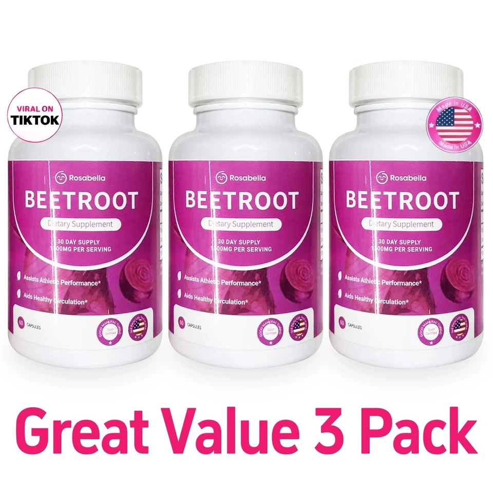 3 Pack of Rosabella Organic Beetroot Capsules (1300mg) for Blood Flow & Heart He