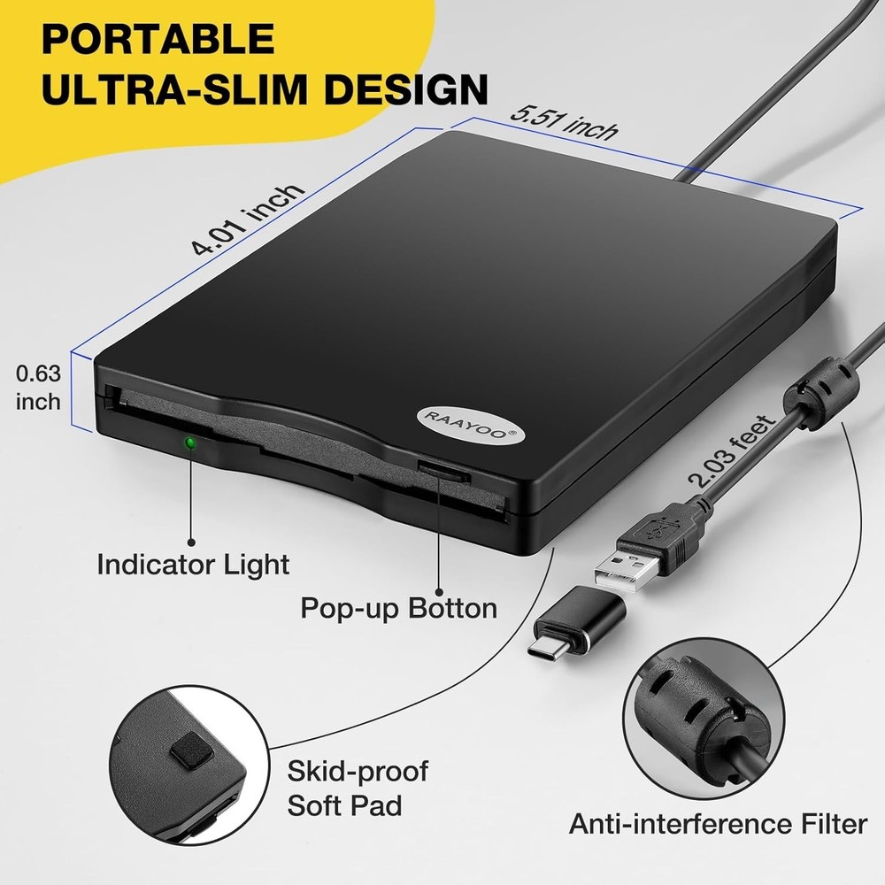 Durable 3.5-Inch External USB Floppy Drive for Windows 11/10/8/7 Users