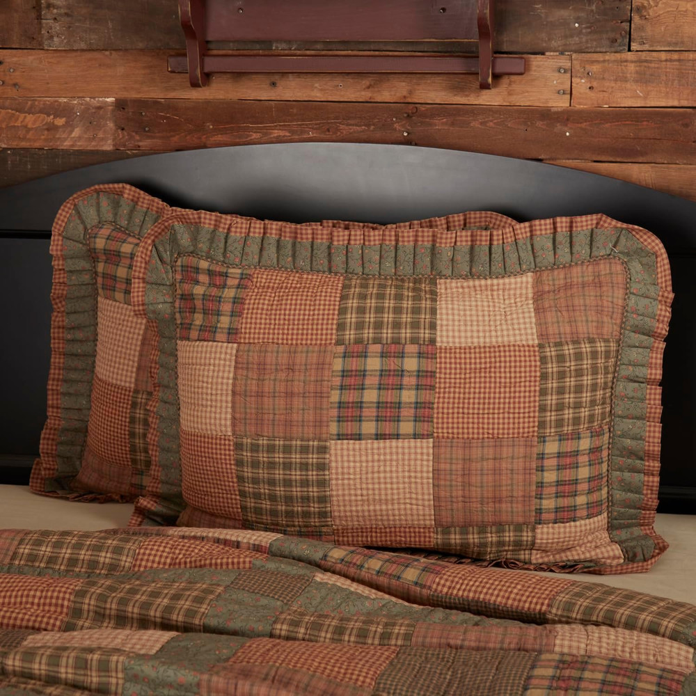 Primitive Bedding Cinnamon Plaid Cotton Hand Quilted Patchwork Standard Sham, Da