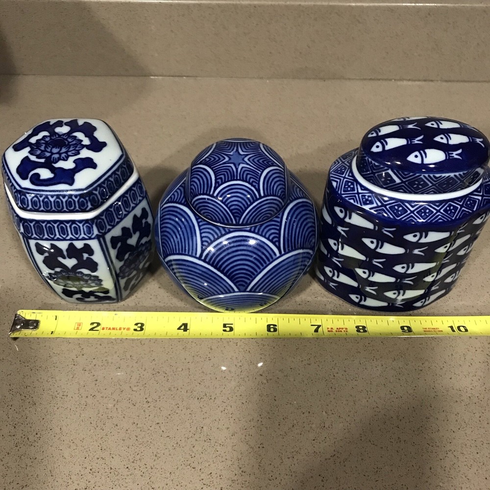 Decorative Ceramic Blue & White Lidded Jar 3 Piece Vanity Set
