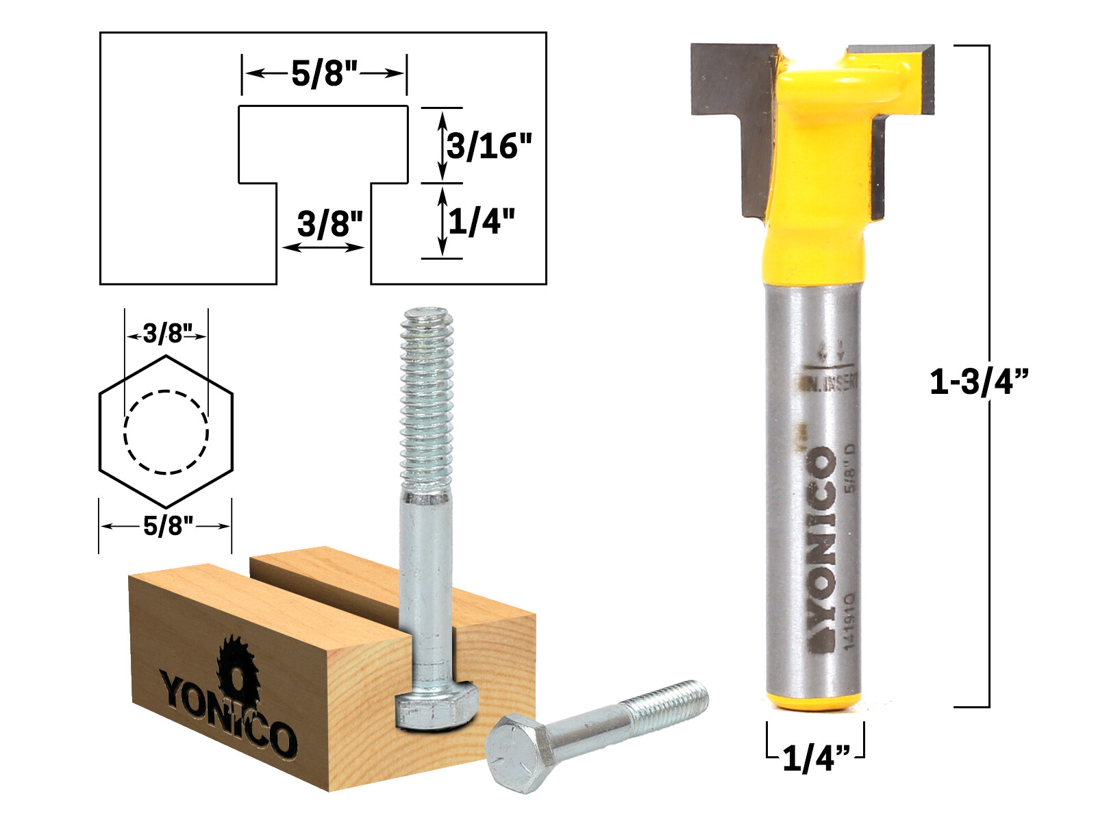 T Slot Router Bit 3 Bit Set - 1/4" Shank - Yonico 14392q