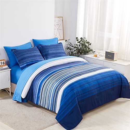 7 Piece Bed in a Bag Stripe Comforter Set Queen Size, White and Blue Patchwork