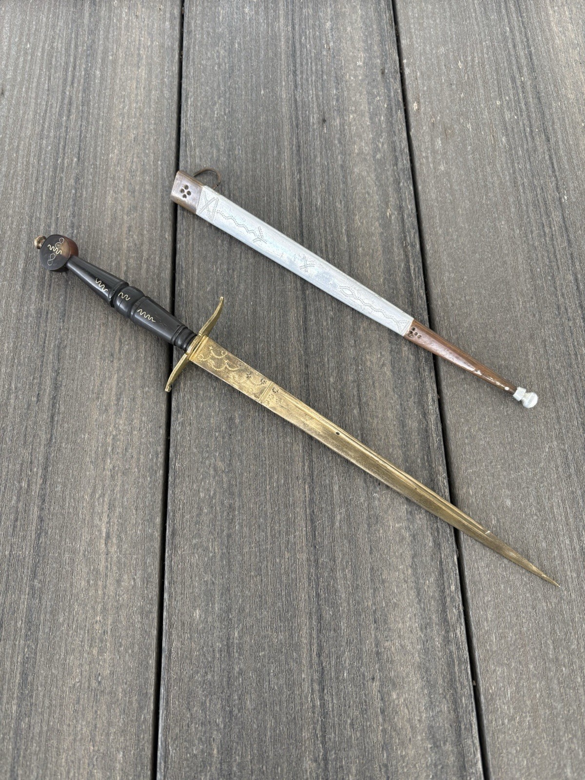 Vintage Luzon Philippine Dagger Engraved Brass Blade Scabbard Tourist Souvenir