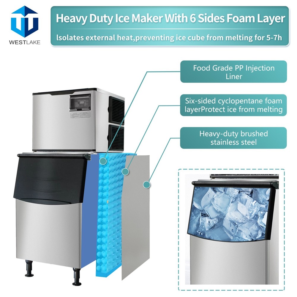 Commercial Ice Maker Machine, 500 lbs Ice Makers with 375lbs Storage, Full Cube