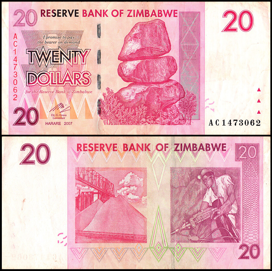 Zimbabwe 20 Dollars, 2007, P-68, Damaged