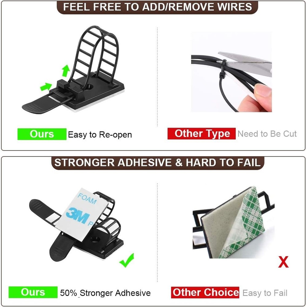 50Pcs Adhesive Cable Management Clips with 50Pcs Zip Ties, Adjustable Nylon C...