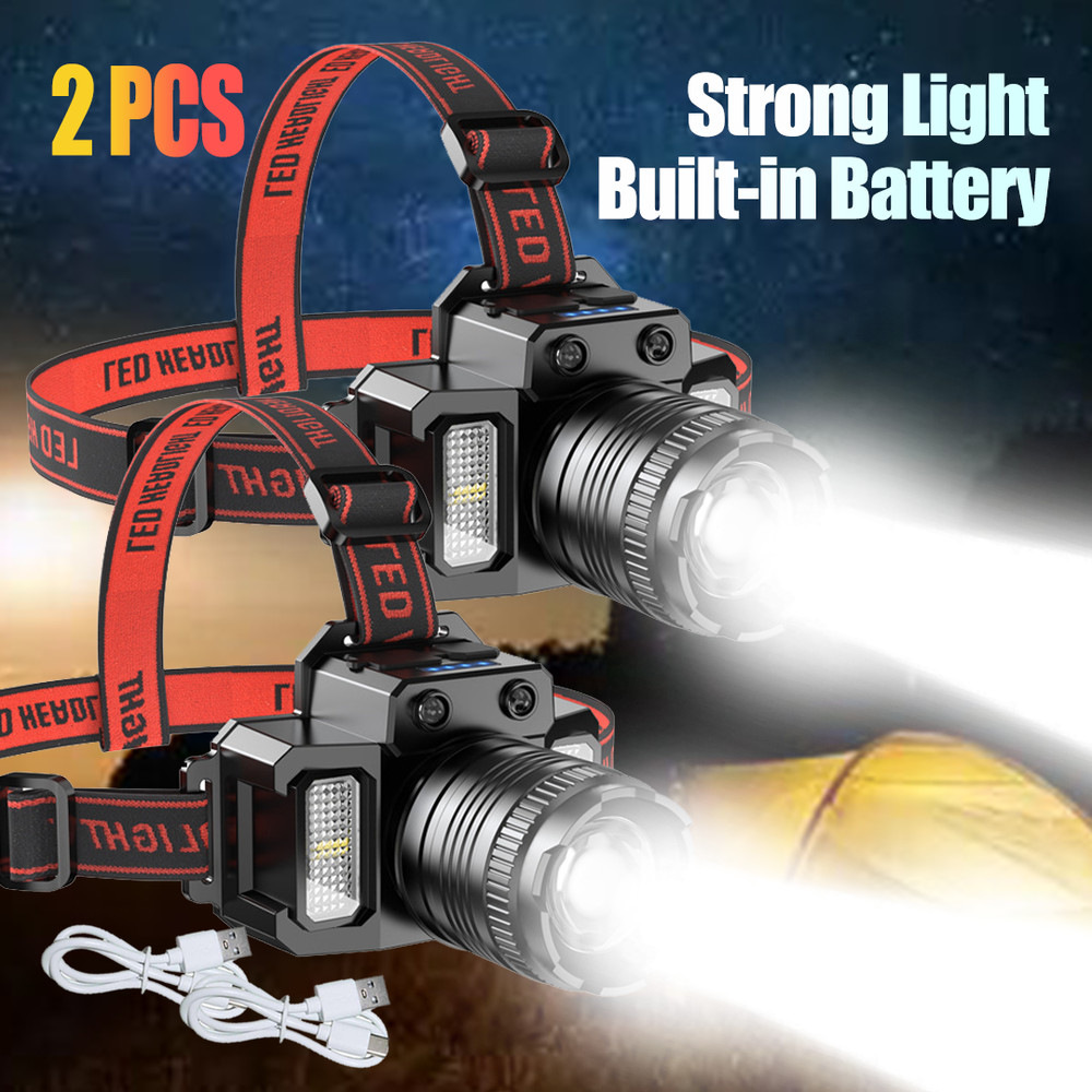 2 Pack USB RechargeableLED Headlamp Zoomable 5-Modes Headlight Head Torch Light