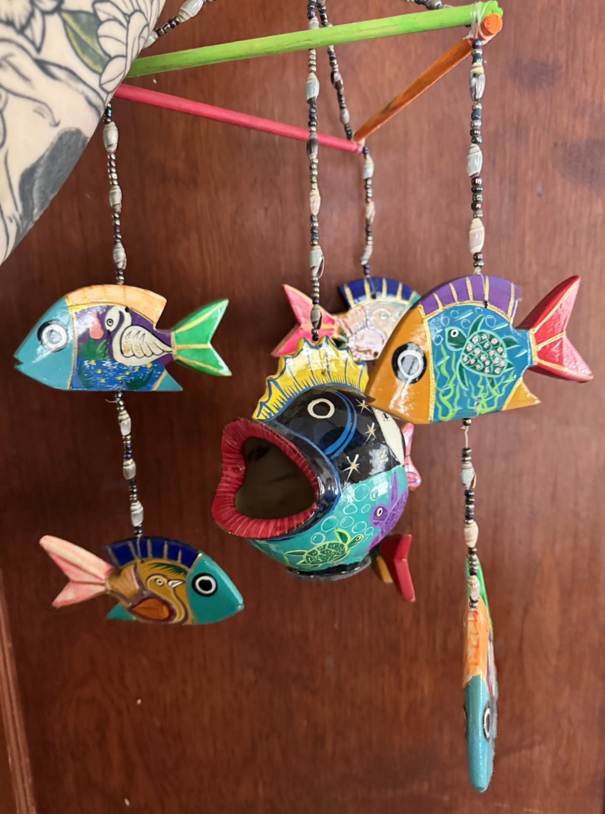 Hand Made Mexican Folk Art Fish Wooden Mobile Painted Colorful Windchime TZ1