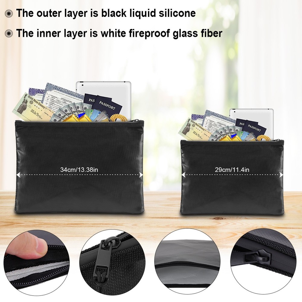 3 PACK 2000℉ Fire Proof Bag Waterproof Fireproof Document for Valuable Cash-M/L