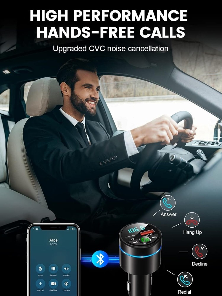 Compact Bluetooth Car Adapter with Noise Cancelling Hands-Free Call Feature