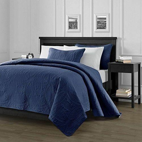 Solid Navy Blue 3 pc Quilt Coverlet Set Oversized Bedspread Queen King Bedding