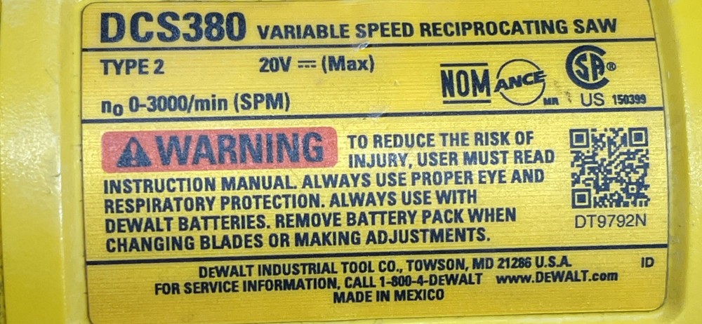 DeWalt DCS380 20V MAX Variable Speed Reciprocating Tools /READ